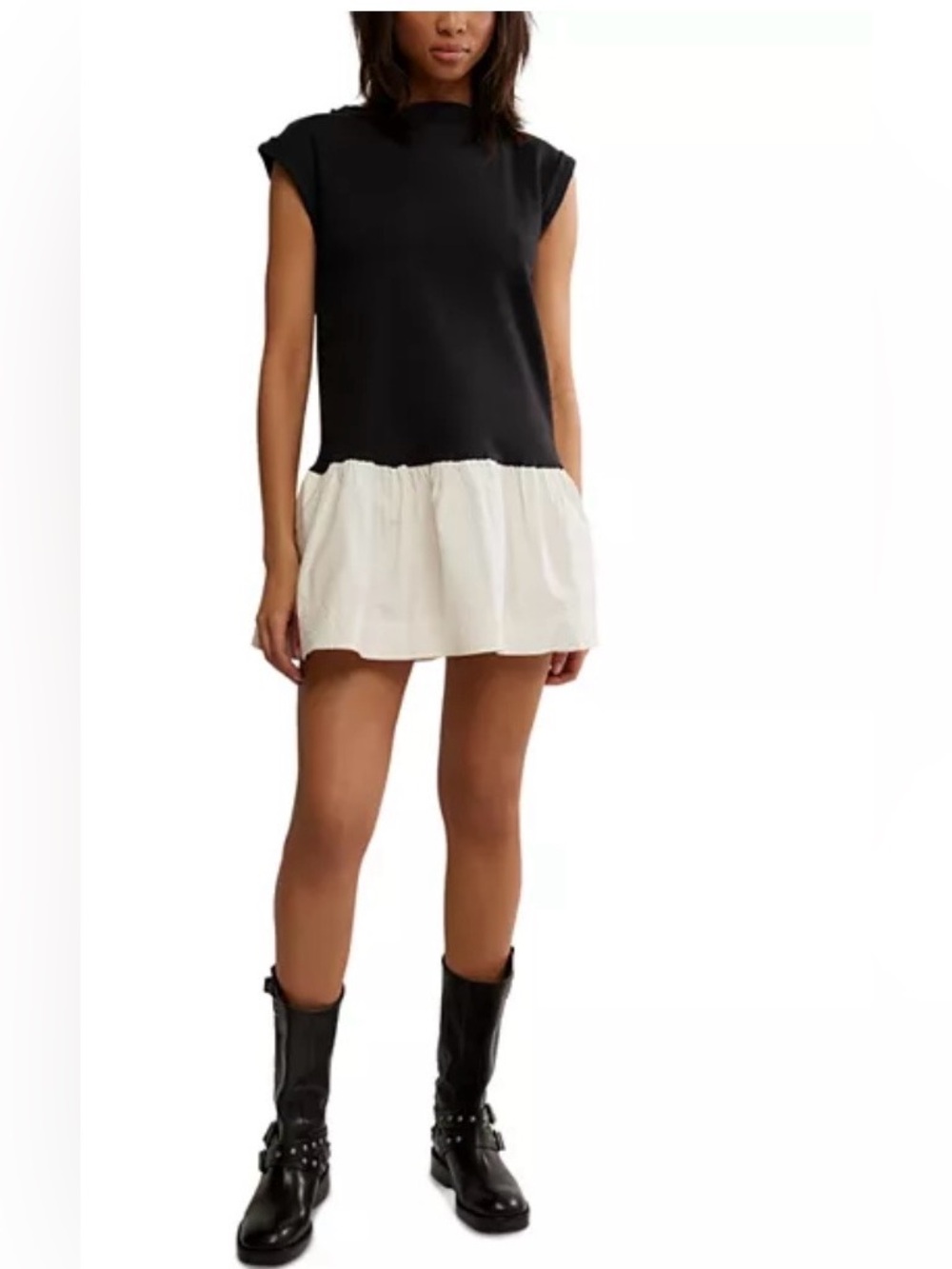 Free People Enya Ruffled Hem Mini Blk Cream Dress Drop Waist Raw Seams Pockets